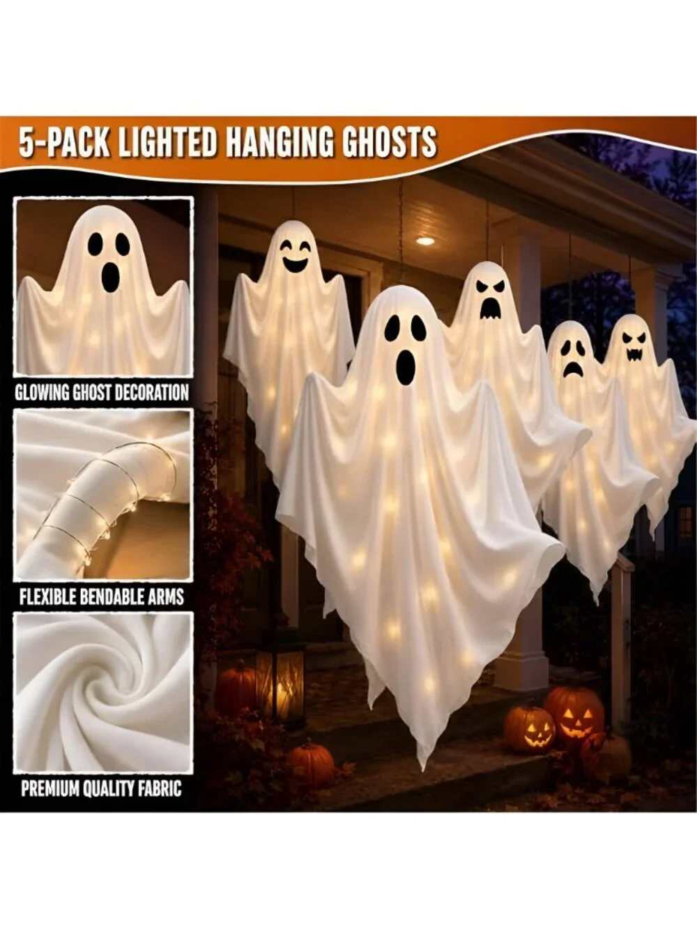 5 Pack Halloween LED Light Up Hanging Ghost Outdoor Decorations with Timer